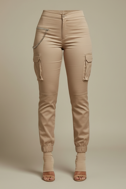 Pantalon Cargo Beige Slim Chaîne Multipoches Femme - Gabardine - vue 3