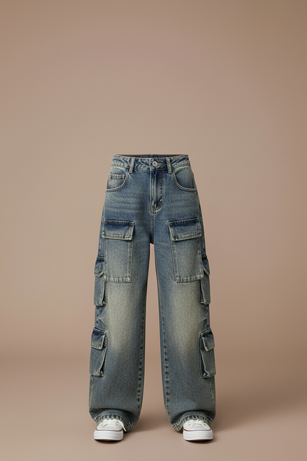 Pantalon Cargo Denim Ample Délavé Multipoches Fille - Bleu Jean - vue 3
