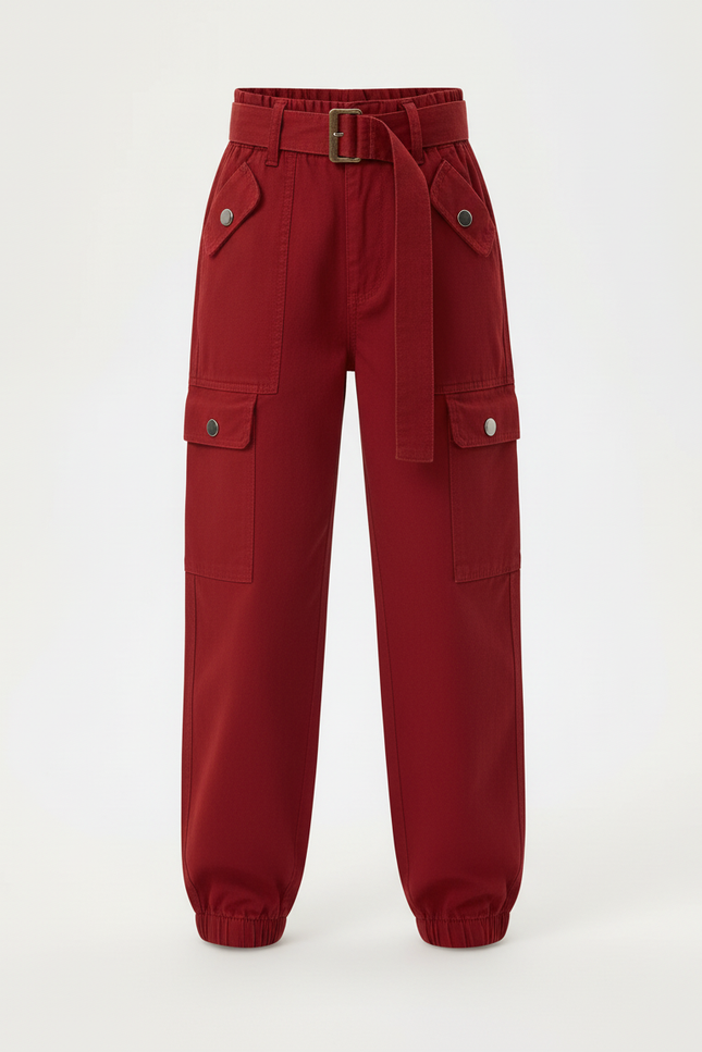 Pantalon Cargo Rouge Ample Multipoches Décontracté Ceinturé - Gabardine - vue 3
