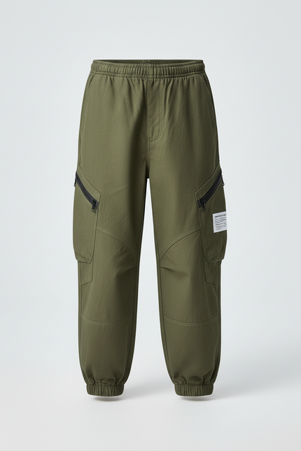 Pantalon Cargo Vert Kaki Ample Multipoches Enfant Décontracté - Toile - vue 3