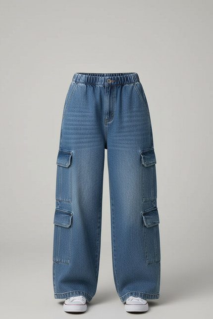 Pantalon Cargo Denim Ample Bleu Multipoches Fille - Jean - vue 3