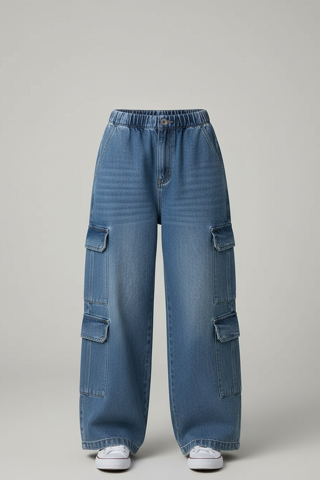 Pantalon Cargo Denim Ample Bleu Multipoches Fille - Jean - vue 3