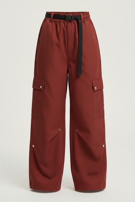 Pantalon Cargo Rouge Brique Ample Ceinturé Multipoches - Bordeaux Gabardine - vue 3