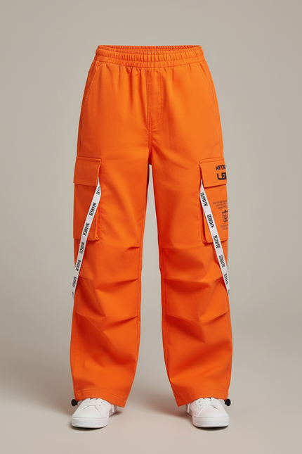Pantalon Cargo Orange Ample Enfant Poches Larges - Toile - vue 3