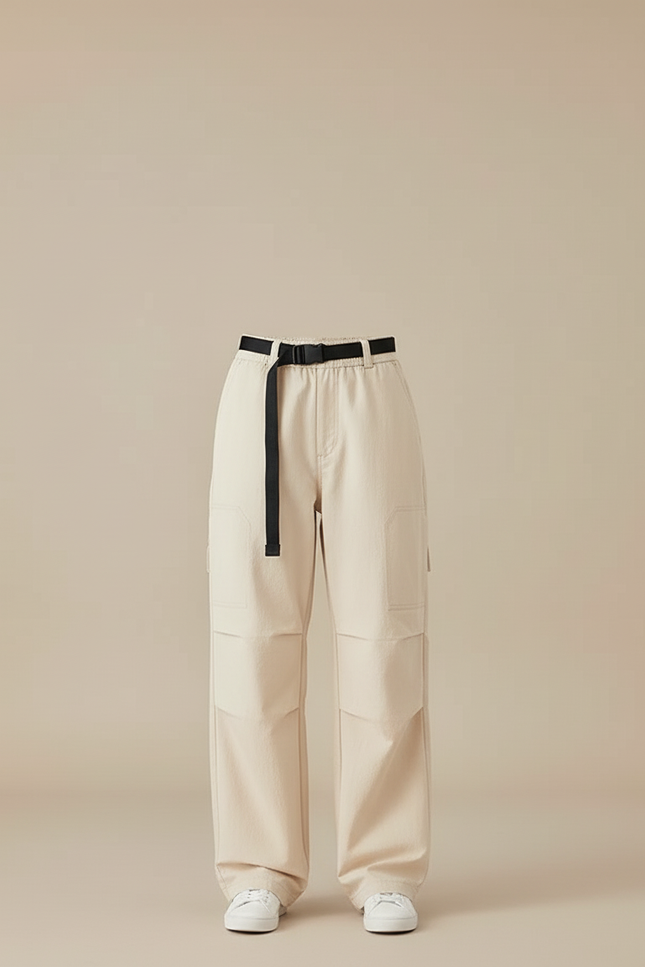 Pantalon Cargo Beige Ample Ceinturé Femme Décontracté - Toile - vue 3