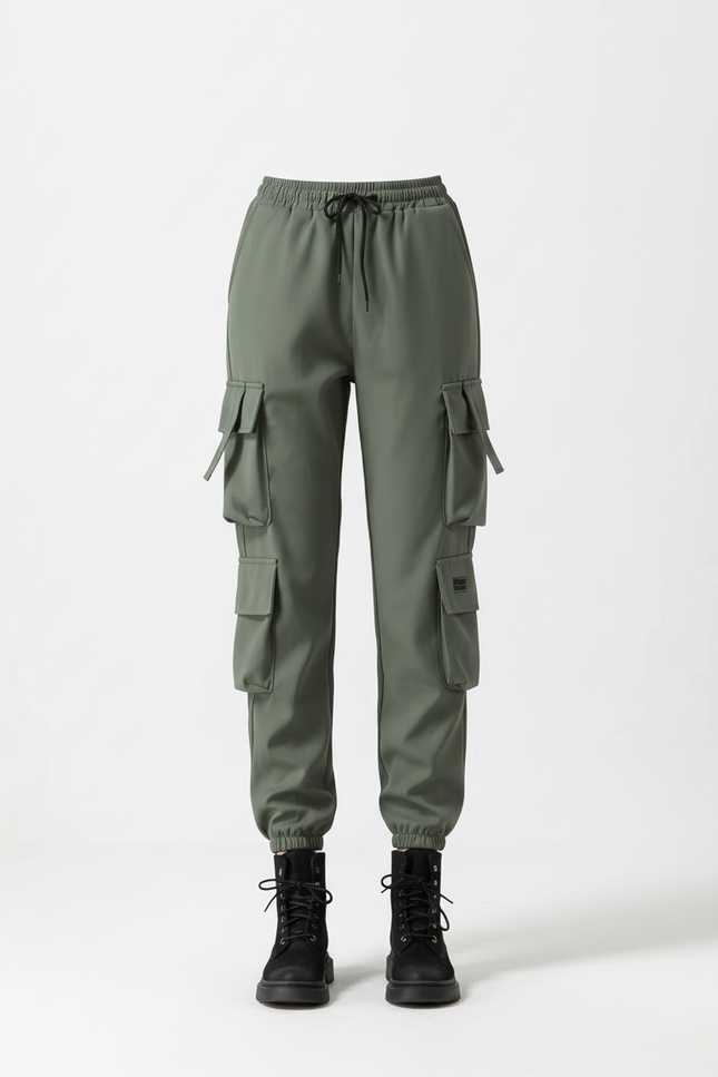 Pantalon Cargo Vert Militaire Ample Multipoches Femme - Kaki Polyester - vue 3