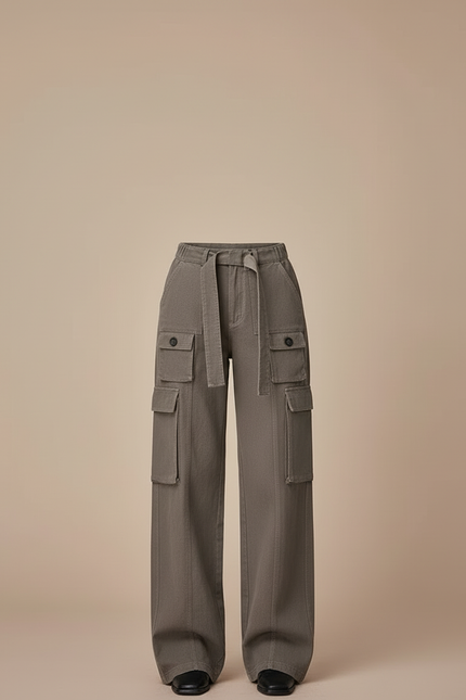 Pantalon Cargo Gris Ample Multipoches Streetwear Ceinturé - Kaki Toile - vue 3