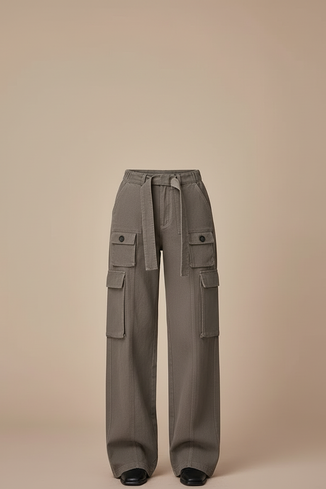 Pantalon Cargo Gris Ample Multipoches Streetwear Ceinturé - Kaki Toile - vue 3