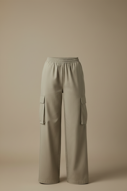 Pantalon Cargo Femme Ample Taille Haute Beige Décontracté - Kaki Toile - vue 3
