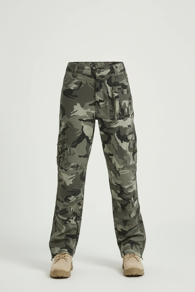 Pantalon Cargo Camouflage Ample Multipoches Enfant - Kaki Toile - vue 3