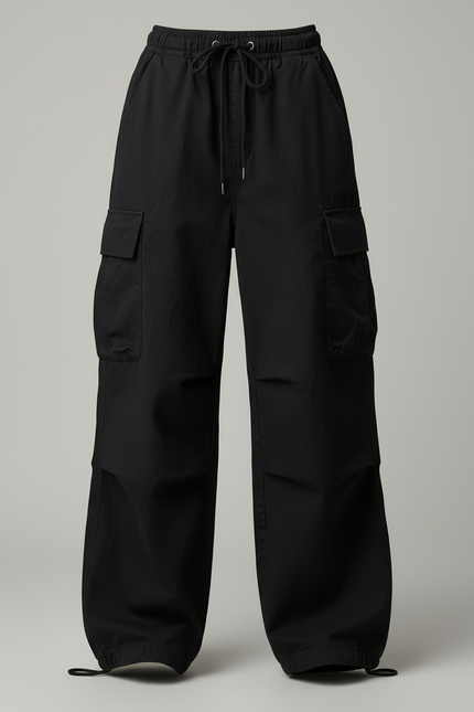 Pantalon Cargo Noir Ample Coton Taille Haute Femme - vue 3
