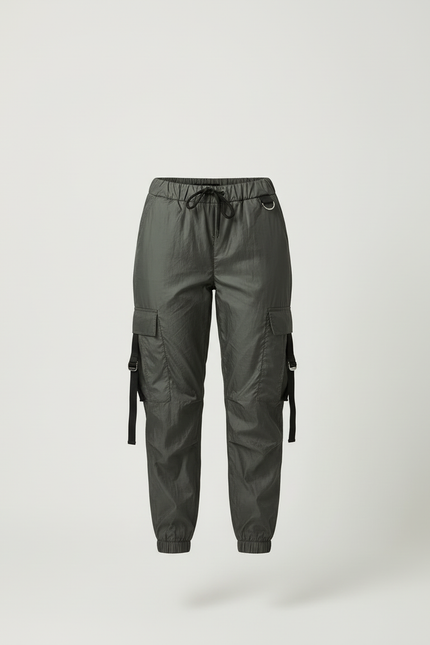 Pantalon Cargo Vert Militaire Fluide Cordon Femme - Kaki Polyester - vue 3