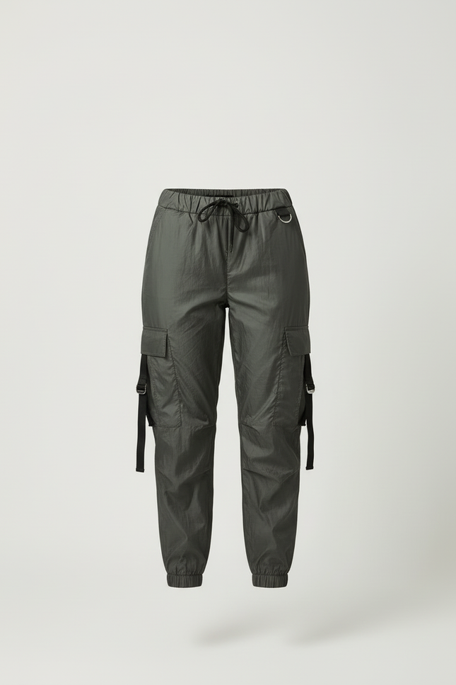 Pantalon Cargo Vert Militaire Fluide Cordon Femme - Kaki Polyester - vue 3
