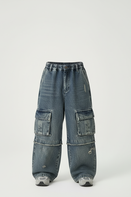 Pantalon Cargo Jean Ample Délavé Multipoches Enfant - Bleu - vue 3
