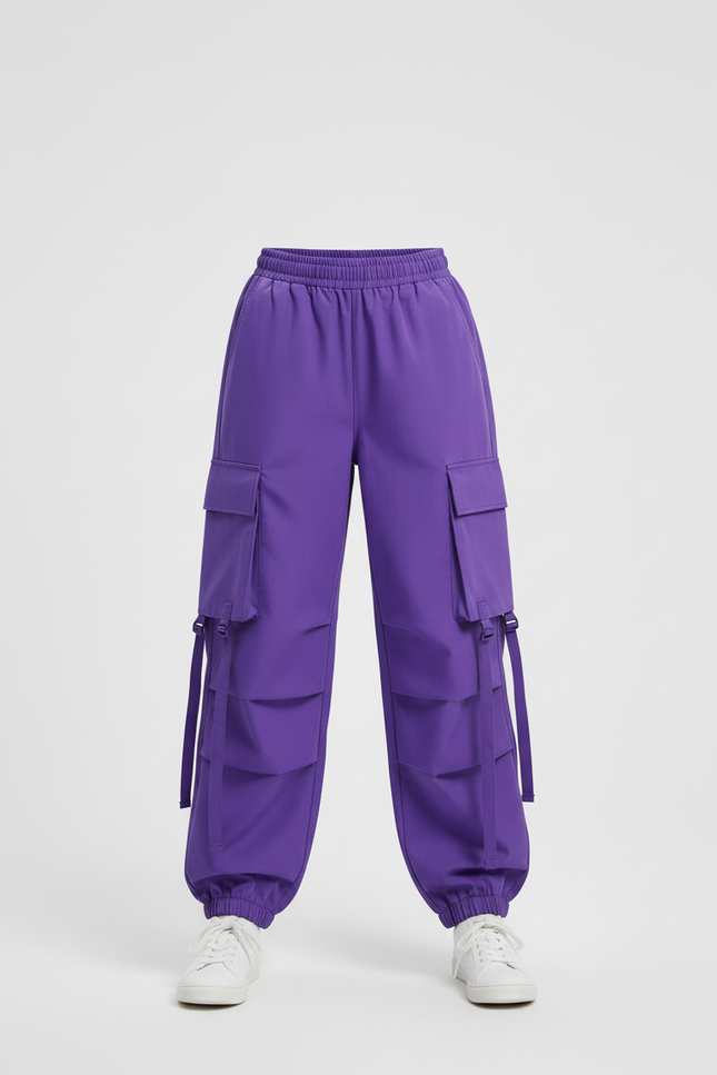 Pantalon Cargo Violet Ample Poches Sangles Enfant - Polyester - vue 3