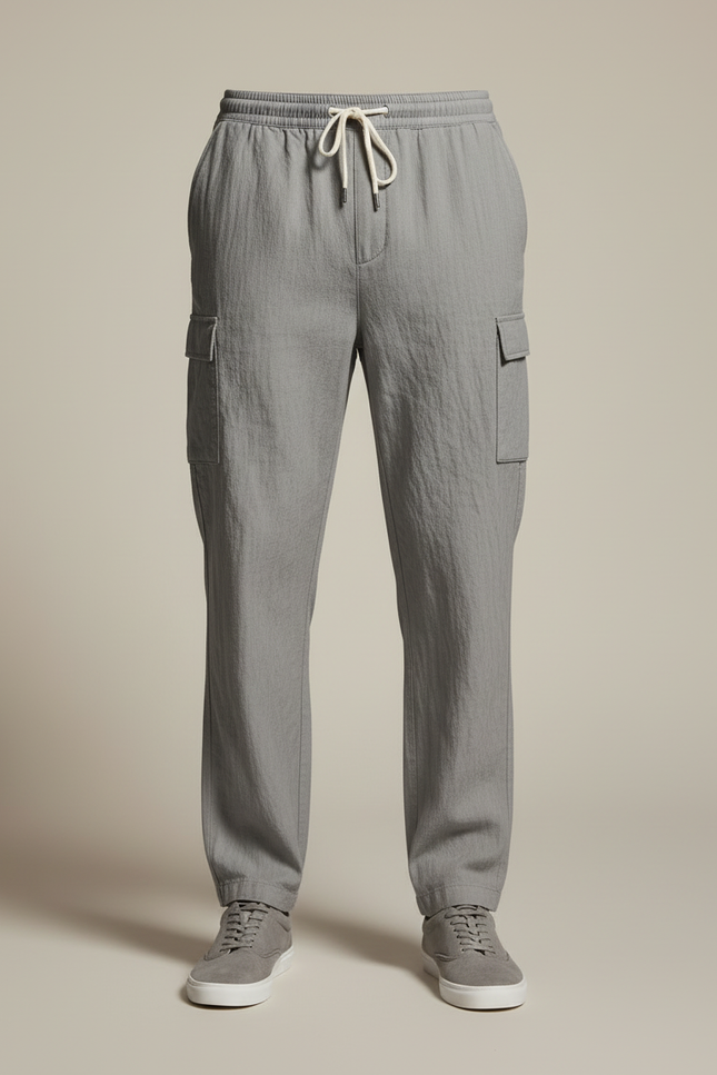 Pantalon Cargo Gris Léger Coton Décontracté Multipoches Cordon - vue 3
