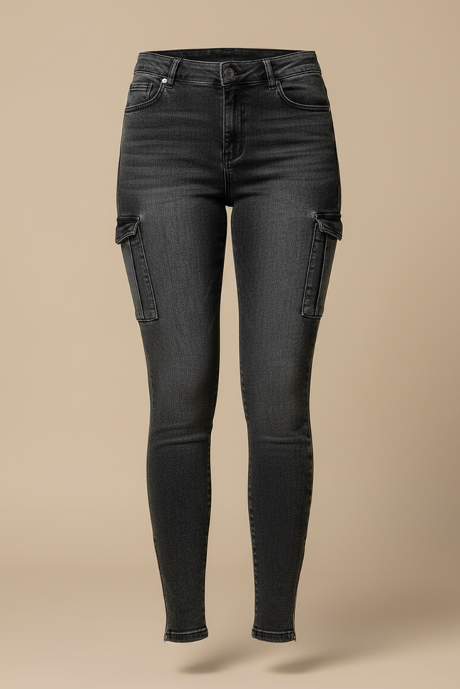 Pantalon Cargo Jean Gris Skinny Multipoches Femme - vue 3