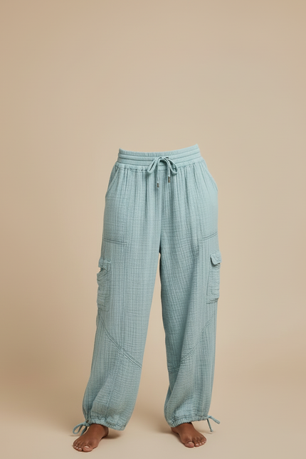 Pantalon Cargo Bleu Ciel Gaufré Ample Coton - vue 3