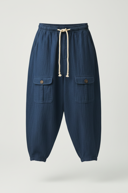 Pantalon Cargo Bleu Ample Coton Lin Décontracté Homme - vue 3
