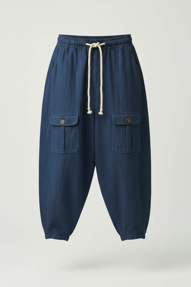 Pantalon Cargo Bleu Ample Coton Lin Décontracté Homme - vue 3