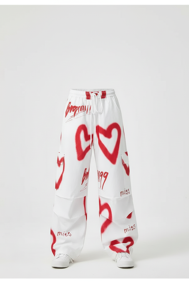 Pantalon Cargo Blanc Ample Coeurs Graffiti Garçon - Toile - vue 3