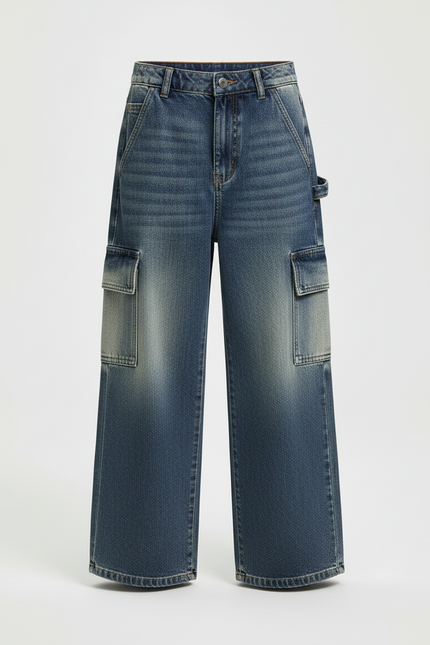Pantalon Cargo Jean Bleu Ample Multipoches Enfant - vue 3