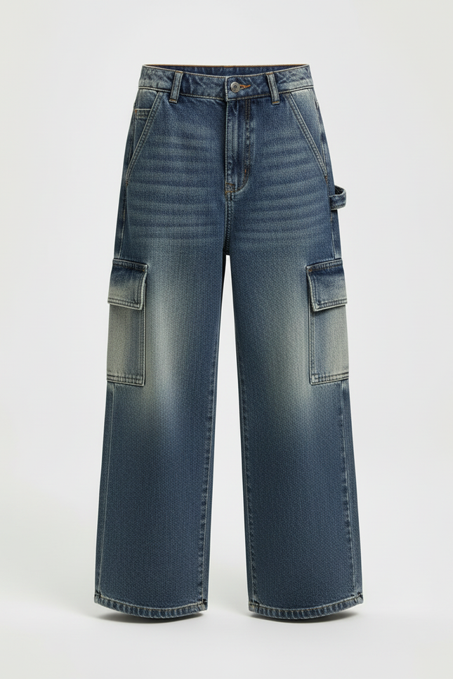 Pantalon Cargo Jean Bleu Ample Multipoches Enfant - vue 3