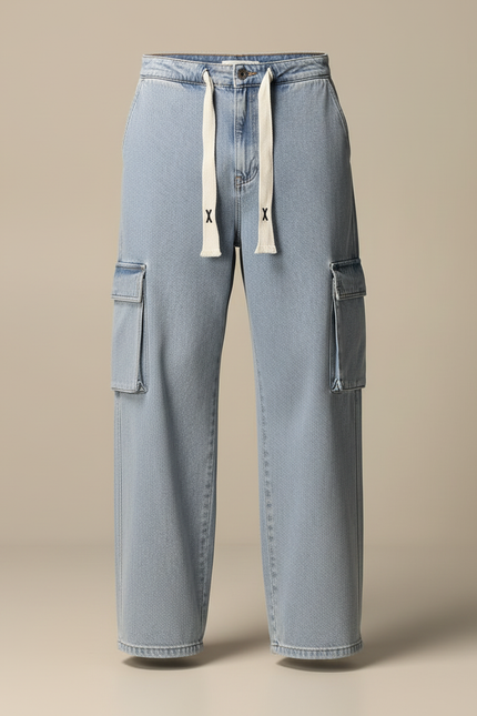 Pantalon Cargo Jean Ample Bleu Clair Cordon Homme - vue 3