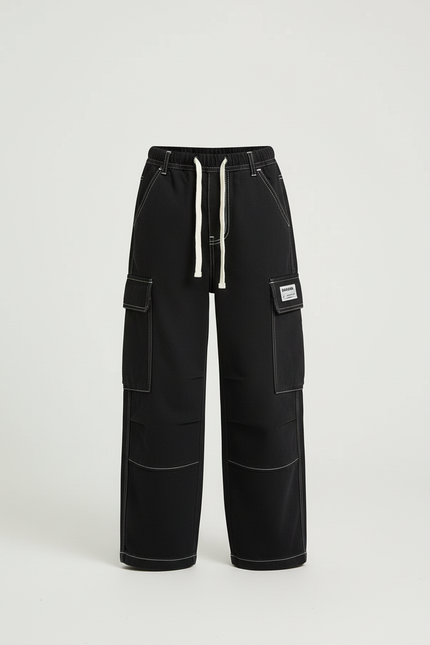 Pantalon Cargo Noir Ample Coton Multipoches Garçon - Toile - vue 3
