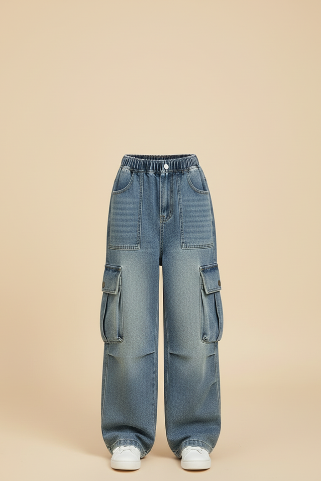 Pantalon Cargo Denim Ample Taille Élastique Enfant - Bleu Jean - vue 3