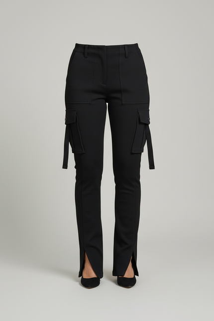 Pantalon Cargo Noir Slim Fit Femme Fentes - Gabardine - vue 3