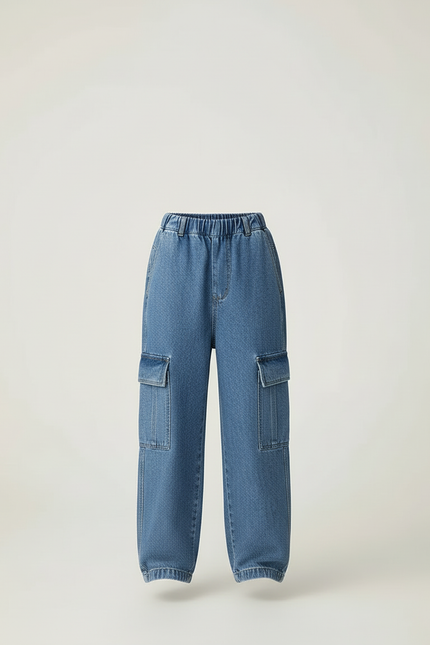 Pantalon Cargo Denim Ample Poches Latérales Fille - Bleu Jean - vue 3