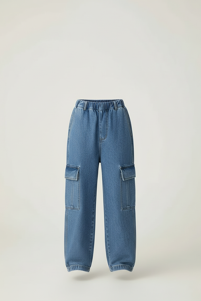 Pantalon Cargo Denim Ample Poches Latérales Fille - Bleu Jean - vue 3