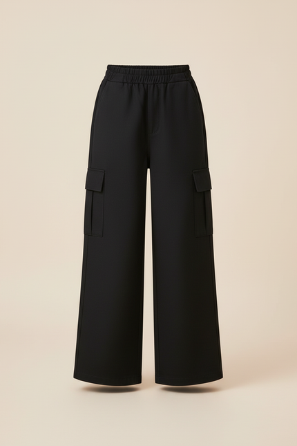 Pantalon Cargo Noir Ample Large Taille Élastique - Gabardine - vue 3