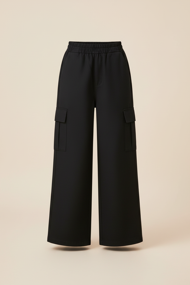 Pantalon Cargo Noir Ample Large Taille Élastique - Gabardine - vue 3