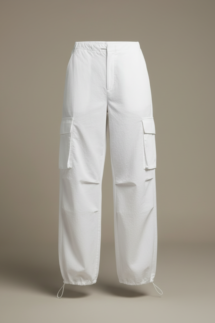 Pantalon Cargo Blanc Ample Cordon Taille Haute - Toile - vue 3