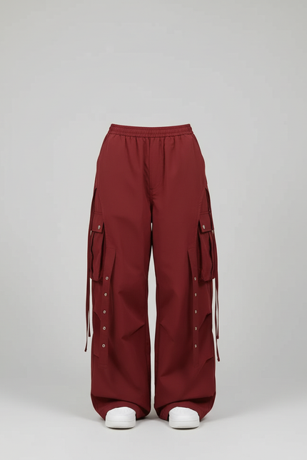 Pantalon Cargo Large Bordeaux Boutons Poches Streetwear - Polyester - vue 3