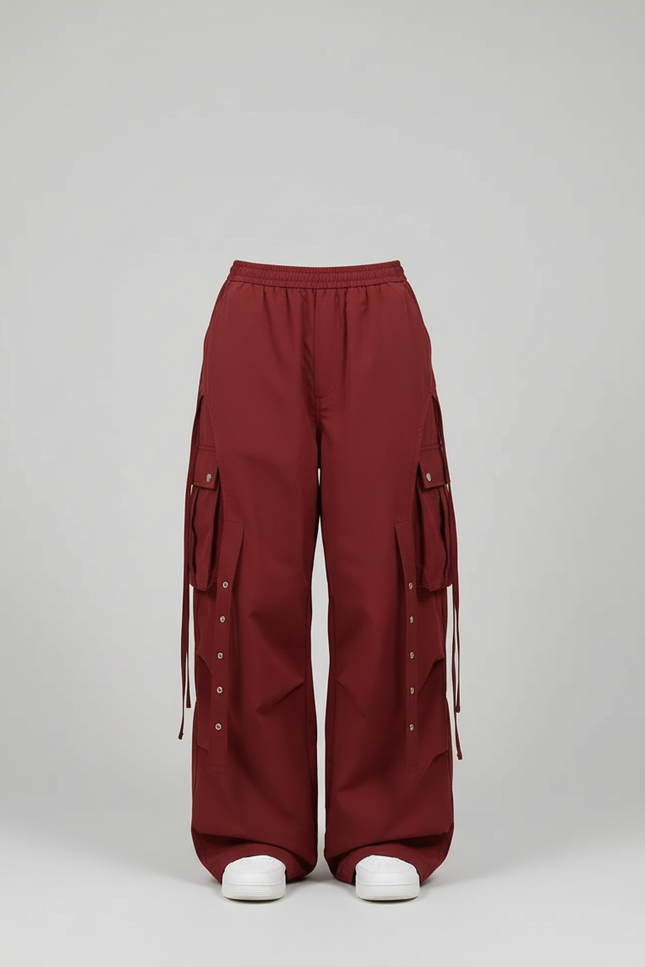Pantalon Cargo Large Bordeaux Boutons Poches Streetwear - Polyester - vue 3