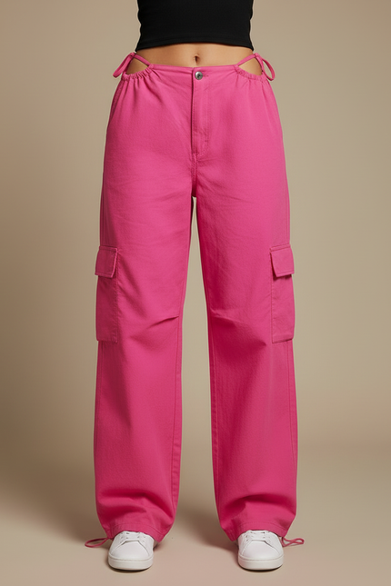 Pantalon Cargo Ample Rose Vif Taille Haute Femme - Toile - vue 3
