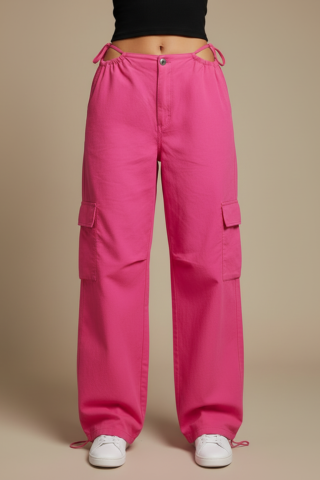 Pantalon Cargo Ample Rose Vif Taille Haute Femme - Toile - vue 3