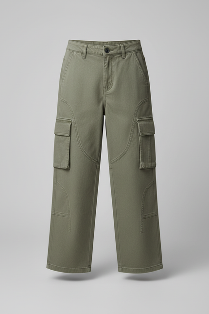 Pantalon Cargo Vert Ample Décontracté Multi-Poches - Kaki Toile - vue 3