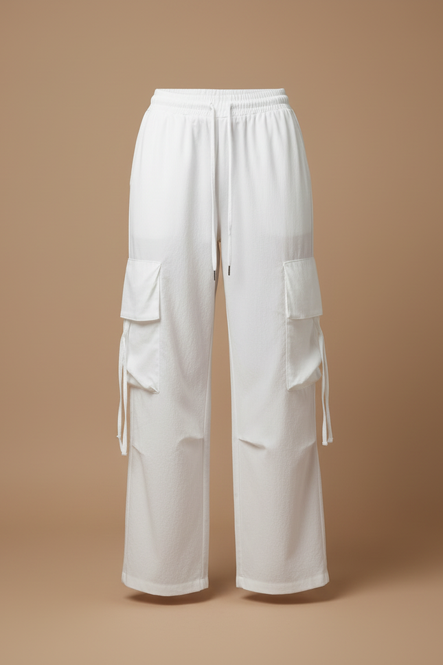 Pantalon Cargo Blanc Ample Cordon Multipoches Femme - Toile - vue 3
