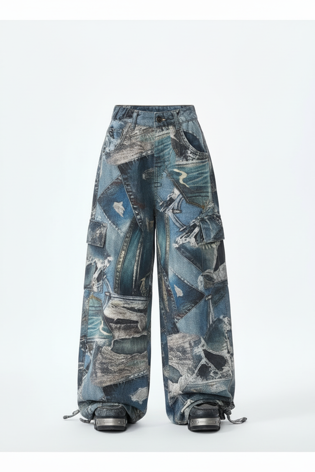 Pantalon Cargo Ample Denim Imprimé Patchwork Enfant - Jean - vue 3