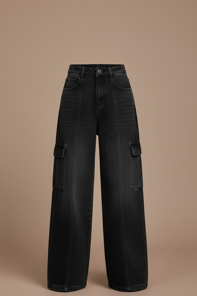 Pantalon Cargo Noir Denim Ample Enfant Multipoches - Jean - vue 3