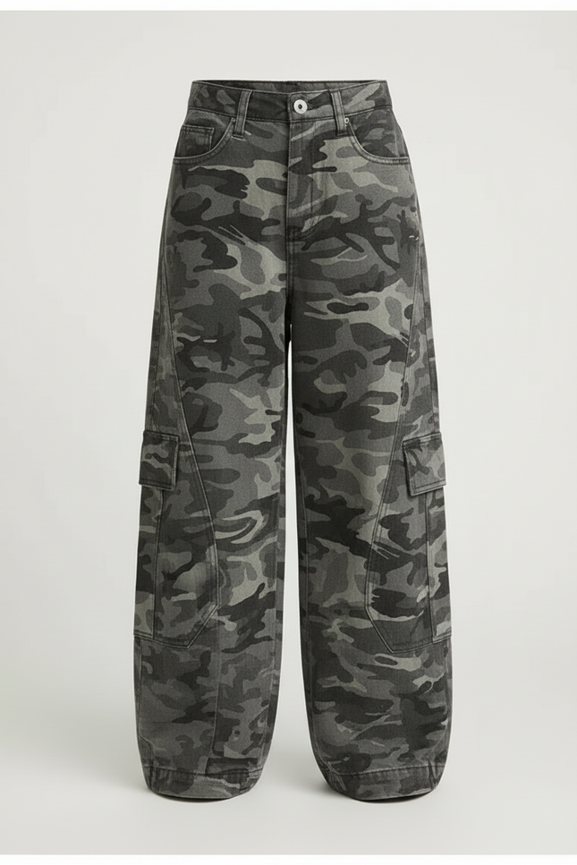 Pantalon Cargo Camouflage Gris Ample Fille - Jean - vue 3