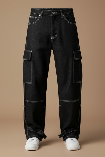 Pantalon Cargo Noir Décontracté Ample Coutures Blanches Homme - Jean - vue 3