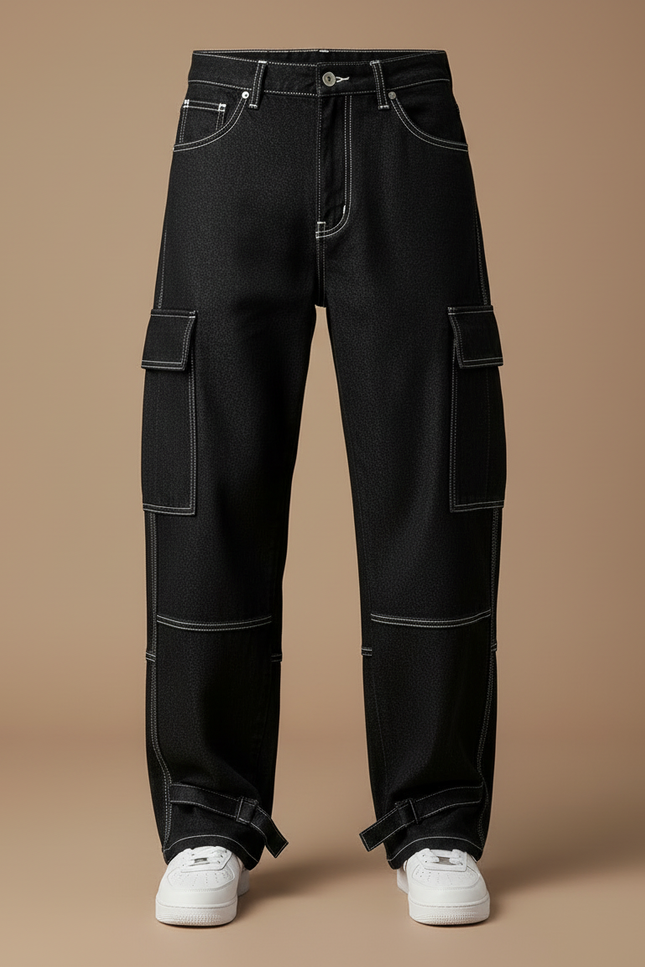 Pantalon Cargo Noir Décontracté Ample Coutures Blanches Homme - Jean - vue 3