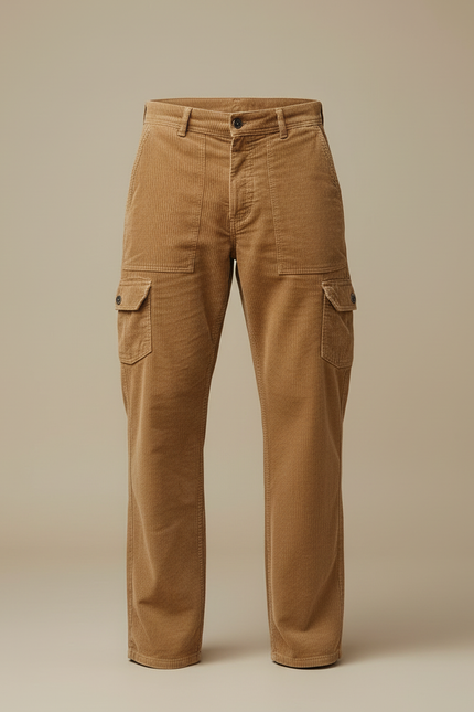 Pantalon Cargo Marron Côtelé Ample Homme - Camel Cordé - vue 3