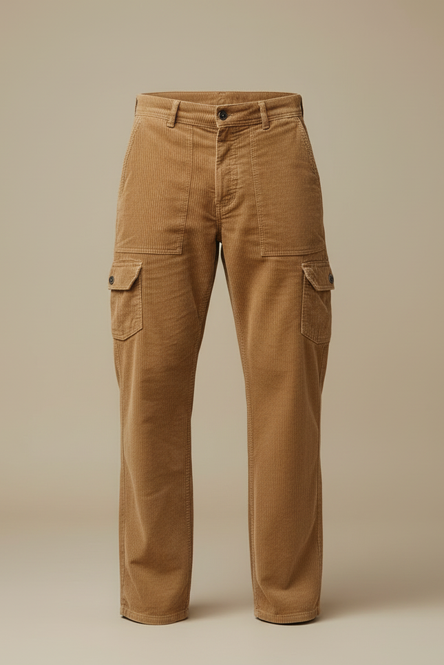 Pantalon Cargo Marron Côtelé Ample Homme - Camel Cordé - vue 3