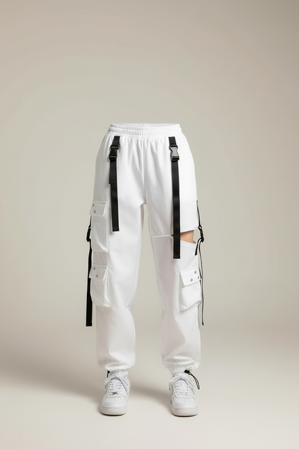 Pantalon Cargo Blanc Ample Multipoches Sangles Femme - Polyester - vue 3